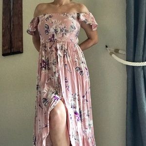 Maxi Dress Floral Ruffle Off Shoulder Smocked